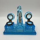Antique Rare French Art Deco Blue Cut-glass Inkwell Set Obelisk Thermometer