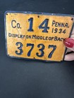 1934 Pennsylvania Resident Hunting License Back Tag Co  14 Vintage Plate  3737
