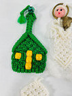 Vtg Macrame Xmas Ornaments Lot Of 5 W wood Pony Beads Angel  Church  Bell   Tree