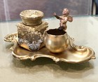 Vintage Ink Well Brass Crystal Lidded Cherub Angel Desk Victorian Pat  1897