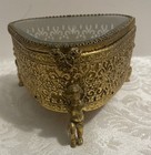 Vtg Gold Tone Ormolu Beveled Glass Casket Jewelry Box Filigree Hollywood  A-16
