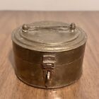 Vintage Brass Metal Tin Round Trinket Box Container Made In India W Carry Handle
