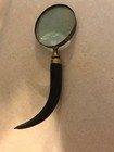 Antique Magnifying Glass  Brass With Curved Horn Handle 12  Long 4  Glass