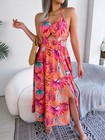 Women Floral Print Sleeveless Cutout Slip Maxi Beach Vacation Dress