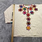 Vintage Mexican Hand Embroidered Floral Tunic Blouse Cream Cotton Boho Top Sz M