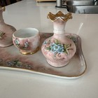 Antique Hand Painted Vanity Trinket Tray Set Perfume Bottles Pink Blue Flowers