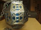 Vintage Brass Moroccan  Islamic Pendant Hanging Lantern- Pierced- Stained Glass