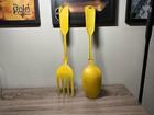 Vtg 1970s Retro Huge Yellow Metal Kitchen Fork Spoon Wall Hanging Art Objects