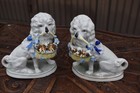 Pair Antique Porcelain Poodle Dog With Baskets Kittens Statue Set