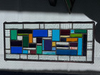 Rectangular Stain Glass Window Panel Blue Green Hanging Privacy Glass Geometric
