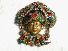 Antique Czech Art Deco Bohemian Glass Filigree Enamel Brooch Turban Sultan 1920s