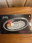 Vintage Crystal Clear Studios White Lace   Gold Oval Serving Tray Platter In Box