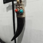 Unique Antique Tibetan Old Horn Rare Big Amulet Pendant With Stones Inserts