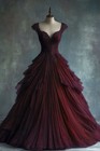 Gothic Wedding Dresses Beaded Ruched Lace Tiered Tulle A Line V Neck Bridal Gown