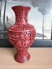 Vintage Chinese Scenery Hand Carved Red Cinnabar Vase With Blue Enamel On Copper