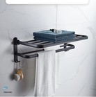 Matte Black 50cm Folding Towel Rack Wall Mount Aluminum Double Bar Hook