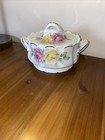 Vintage Hand Painted Floral Round Porcelain Casserole Covered Dish Signed