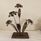 Vintage Brutalist Metal Flower Sculpture On Wooden Base