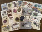 Nice lot Of 25 Greetings Postcards With Purple Violets Flowers in Sleeves p727