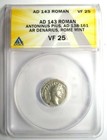 Antoninus Pius Ar Denarius Silver Roman Coin 143 Ad  Certified Anacs Vf25