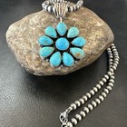 Blue Turquoise Navajo Sterling Silver Cluster Round Pendant Necklace 2   19316