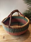 Large 14     Handwoven African Bolga Tote Market Basket Leather Handle Vintage