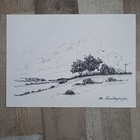 Original Sketch With Black Marker  Rural Landscape Trees Unique Minimalistic Art