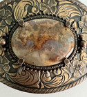 Belt Buckle Western Copper Tone Stone Agate Floral Oval Metal Cowboy Cowgirl