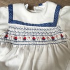 Polly Flinders Vintage Girls Size 5 White Smocked Dress Blue Trim Red Emb