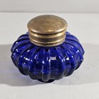 Vintage Cobalt Blue Glass Round Inkwell Pleated Sides Brass Lid
