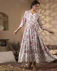 Indian Women Red White  Cotton Floral Printed Anarkali Kurta Kurti Dress