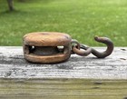 Vintage Wood Block   Tackle Pulley Cast Iron Hook Small Farm Tool