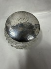 19th C Antique Cut Crystal Vanity Powder Jar With Engraved Sterling Silver Lid