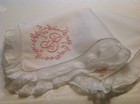  3161    heavenly Vtg Madeira Pink Monogram B Heirloom Lace Wedding Handkerchief