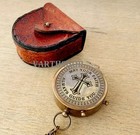 Antique Nautical Brass Pocket Compass Vintage Style With Leather Case