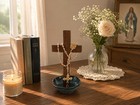 Walnut Cross And Navy Ceramic Jewelry Dish And Rosary Holder