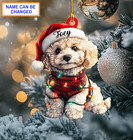 Custom Name Cute Sitting Poodle Dog With Santa Hat Christmas Lights Ornament