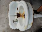 Antique Vintage 1930s Crane Cast Iron Porcelain Corner Sinkwith Pegleg Pedestal