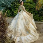 Gold Sweetheart Beaded Quinceanera Dresses Long Sleeve Sweet 16 15 Ball Gowns