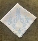 Vintage Hanky Handkerchief  Madeira Embroidered Monogram M Bridal Wedding Blue