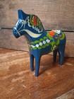 Vintage Nils Olsson Wooden Blue Dala Horse Hand Painted Swedish Folk Art 6 5 