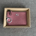 Coach Essential Mini Id Card Case Zip Wallet Pebbled Leather Metallic Cherry Red