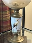 Victorian Brass Oil Lamp Painted Egret Stork Etched Glass Bowl Antique