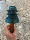 Antique Glass Insulator Hemingray-42 Blue  Green Aqua Made In U s a  Wood Post