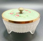 Vtg Green Guilloche Enamel Top Pink Roses Vanity   Trinket Box Frosted Glass