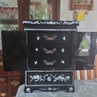 Antique Asian Oriental Black Lacquer Mother Of Pearl Jewelry 4-drawer Chest  