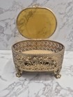 Oval Filigree Bevel Glass Trinket jewelry Box Gold Tone Footed 6x4 5x3    Vintage 