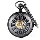 Mens Pocket Watch Mechanical Black Steampunk Skeleton Retro Chain Luxury Classic