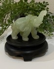 Vtg Jade Green Colored Stone Carved Elephant Trunk Up Good Luck Black Stand Base
