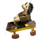 Antique Folk Art Stuffed Puppy Dog On Wagon Pull Toy